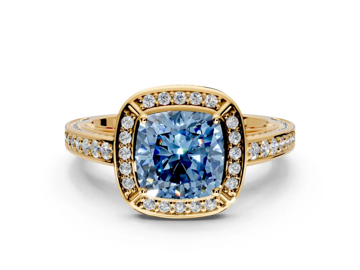 Halo Engagement Ring Setting for Fancy Blue Cushion Cut Center with Framed Halo, Pave Band and Prong Head in Yellow Gold
