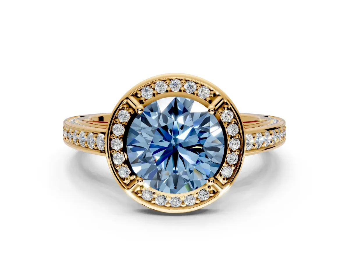 Halo Engagement Ring Setting for Fancy Blue Round Cut Center with Framed Halo, Pave Band and Prong Head in Yellow Gold