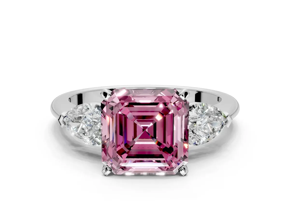 3 Stone Engagement Ring Setting for Fancy Pink Asscher Cut Center with Large Pear-Shaped Accents and Prong Head in White Gold