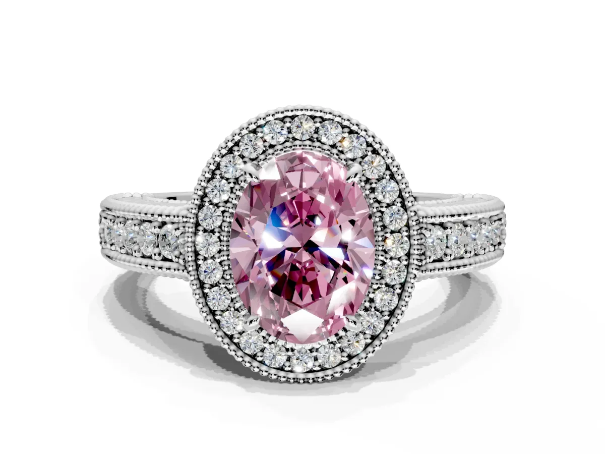 Milgrain Halo Engagement Ring Setting for Fancy Pink Oval Center with Pave Band and Prong Head in Platinum