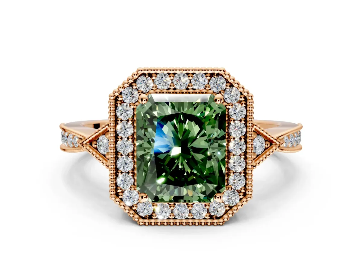 Halo Engagement Ring Setting for Fancy Green Radiant Cut Center with Milgrain Rim, Pave Band and Prong Head in Rose Gold