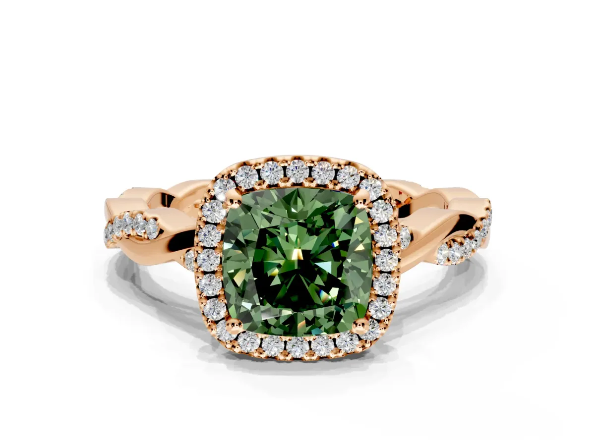 Halo Engagement Ring Setting for Fancy Green Cushion Cut Center with Pave and Plain Twist Band and Prong Head in Rose Gold