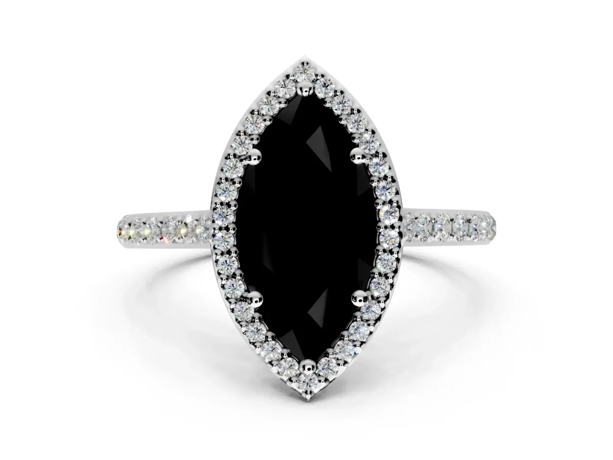 Halo Engagement Ring Setting for Fancy Black Marquise Center with Pave Accents, Heart Basket and Prong Head in Sterling Silver