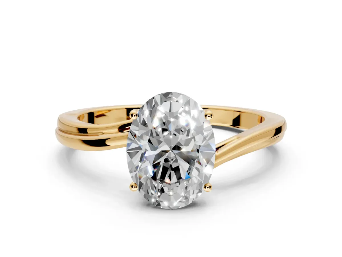 Solitaire Engagement Ring Setting for Oval Center with Plain Bypass Twist Band and Prong Head in Yellow Gold