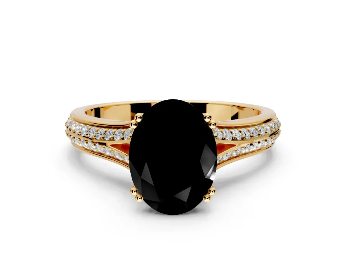 Solitaire Engagement Ring Setting for Fancy Black Oval Center with Pave Rail Split Shank and Prong Head in Yellow Gold