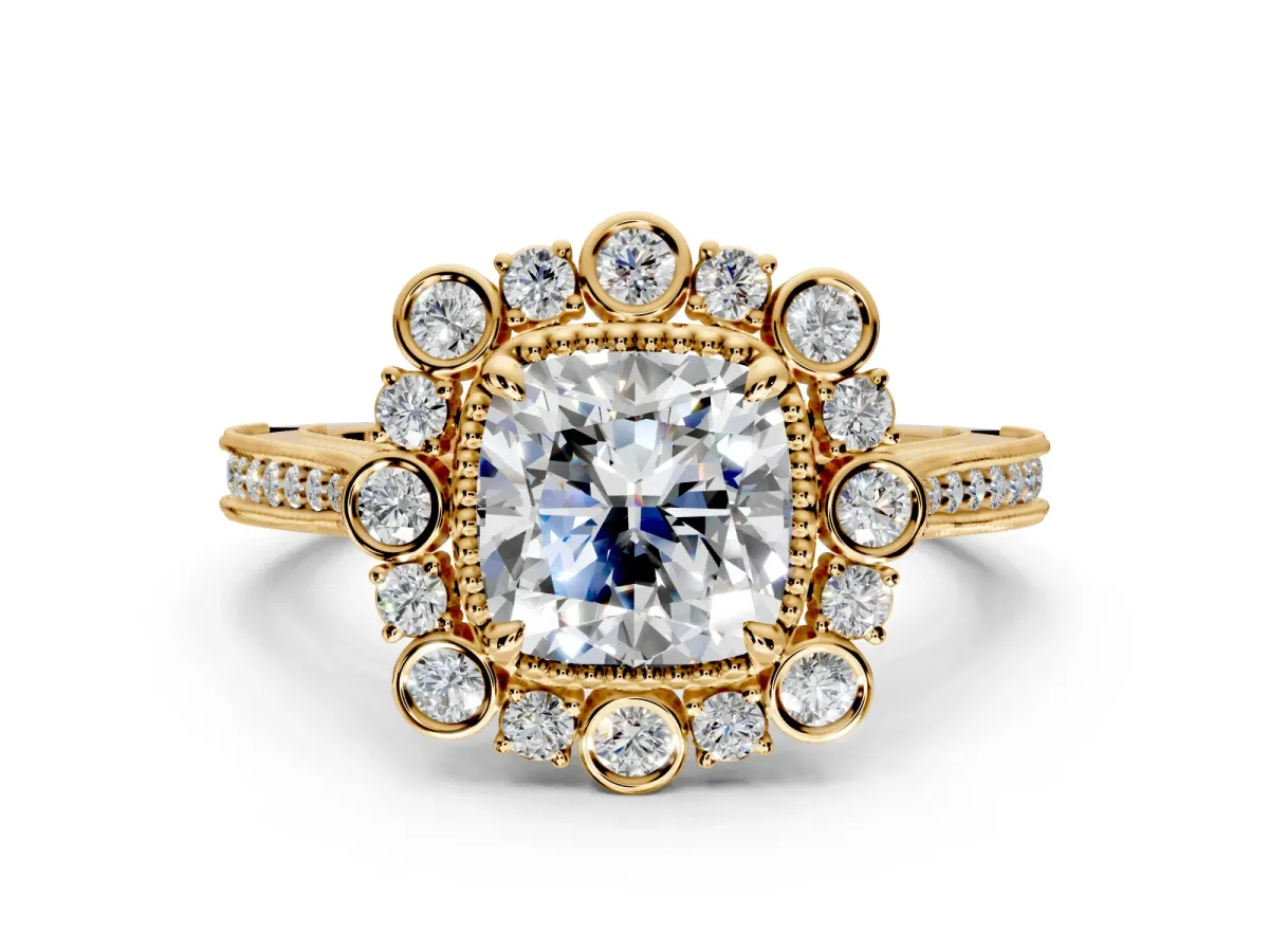 Milgrain Halo Engagement Ring Setting for Cushion Cut Center with Bezel Point Accents and Prong Head in Yellow Gold