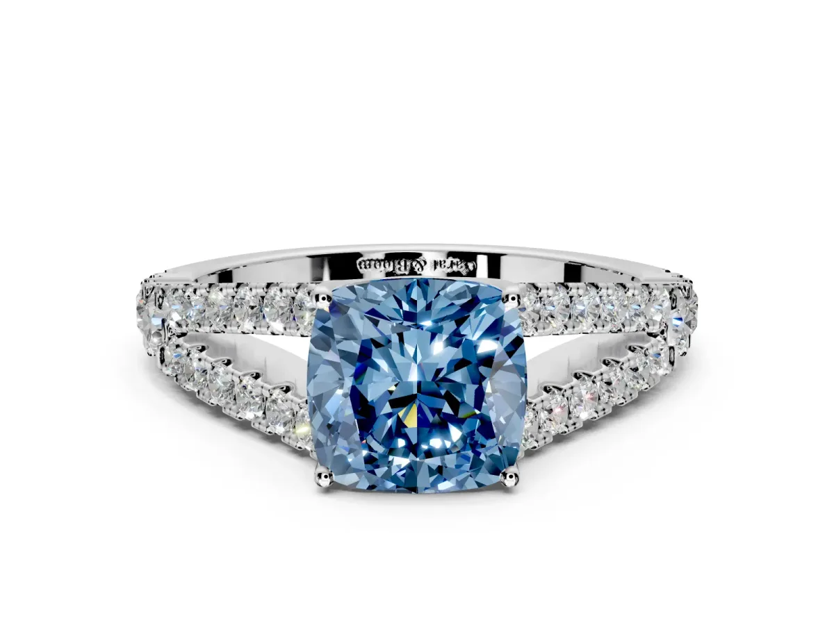 Solitaire Engagement Ring Setting for Fancy Blue Cushion Cut Center with Pave Split Shank and Prong Head in Platinum