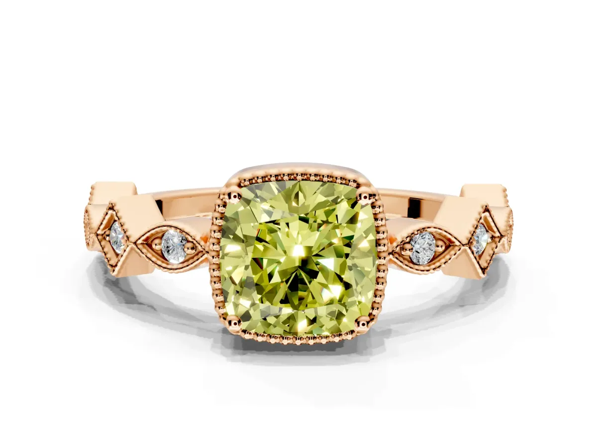 Milgrain Bezel Engagement Ring Setting for Fancy Yellow Cushion Cut Center with Marquise Stations and Bezel Head in Rose Gold