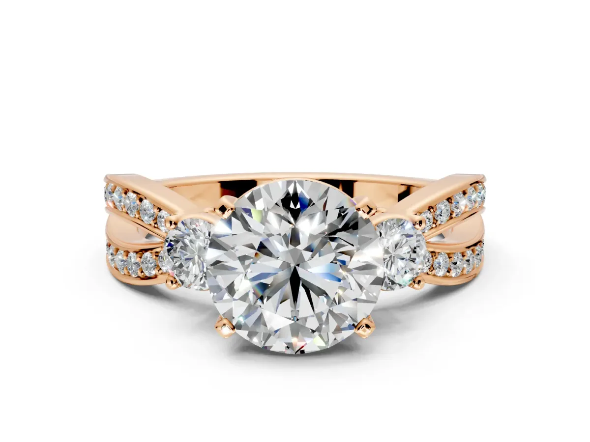3 Stone Engagement Ring Setting for Round Cut Center with Pave Twist Band and Prong Head in Rose Gold