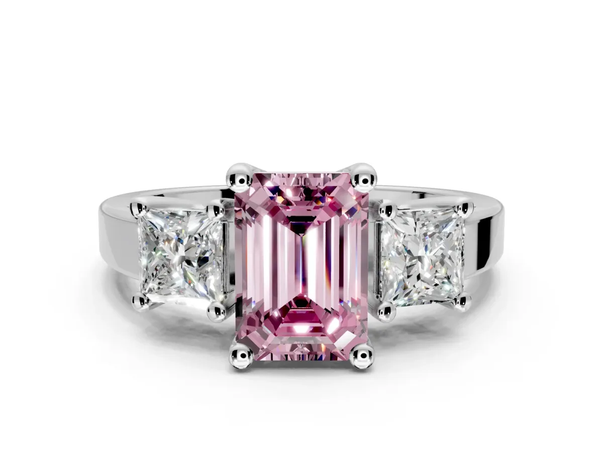 3 Stone Engagement Ring Setting for Fancy Pink Emerald Cut Center with Matching Side Accents and Prong Head in Platinum