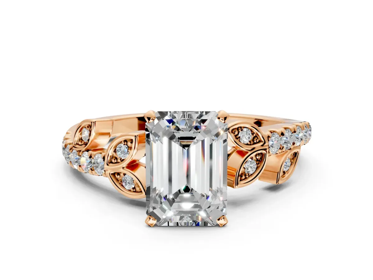 Leaf Motif Engagement Ring Setting for Emerald Cut Center with Pave Band and Prong Head in Rose Gold