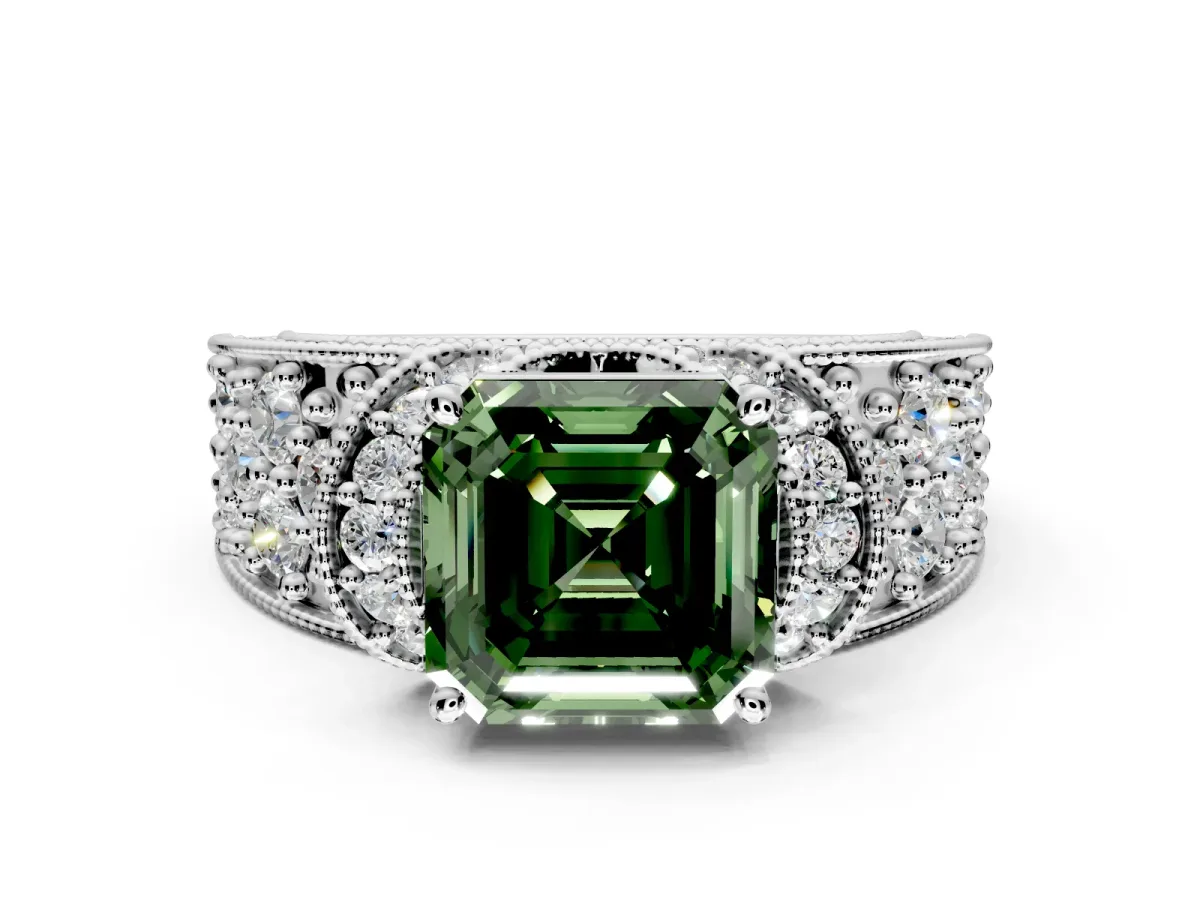 Pave Engagement Ring Setting for Fancy Green Asscher Cut Center with Curved Accent Rows, Openwork and Prong Head in Platinum