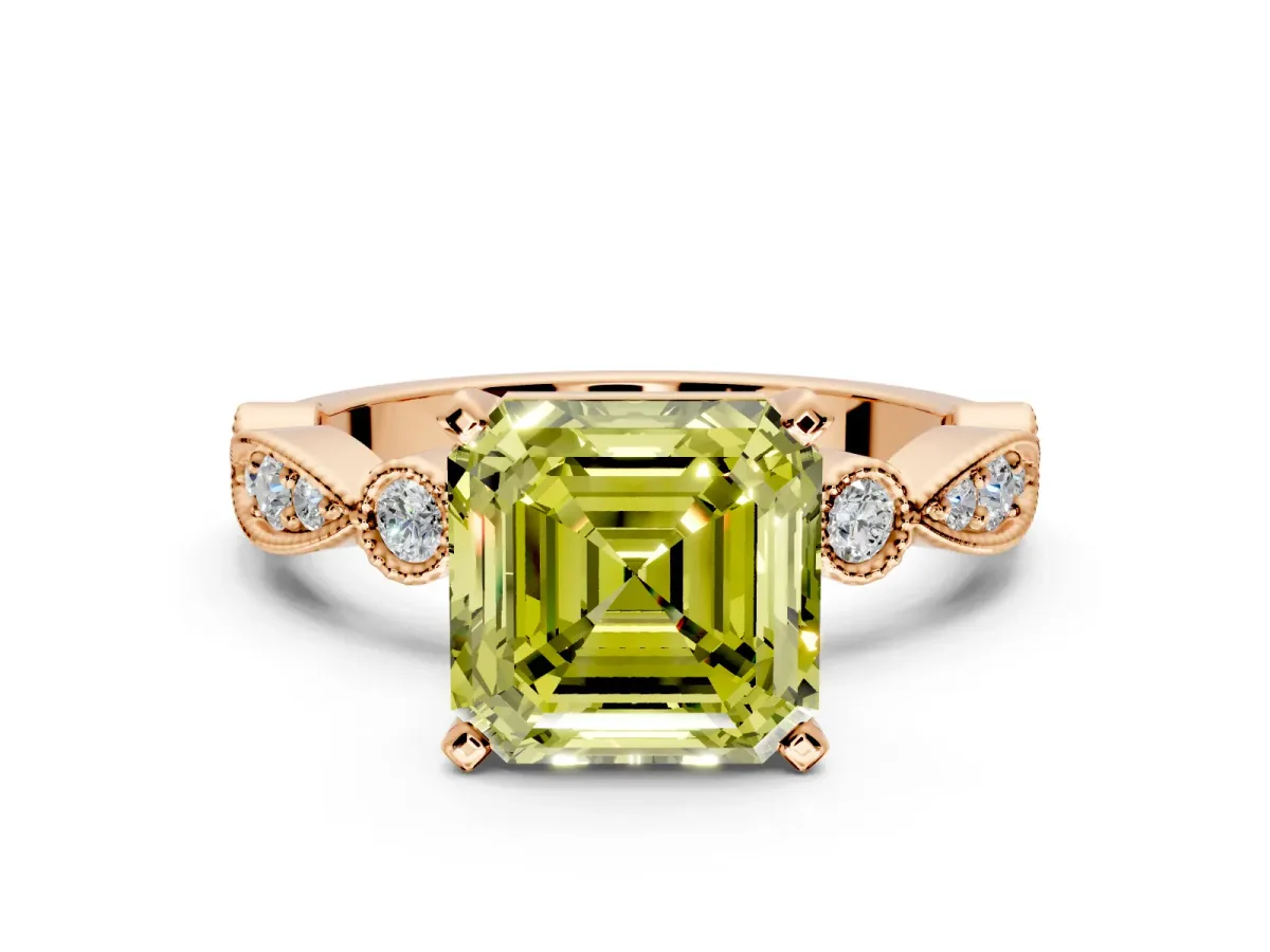 Solitaire Engagement Ring Setting for Fancy Yellow Asscher Cut Center with Milgrain Bezel Accents and Prong Head in Rose Gold