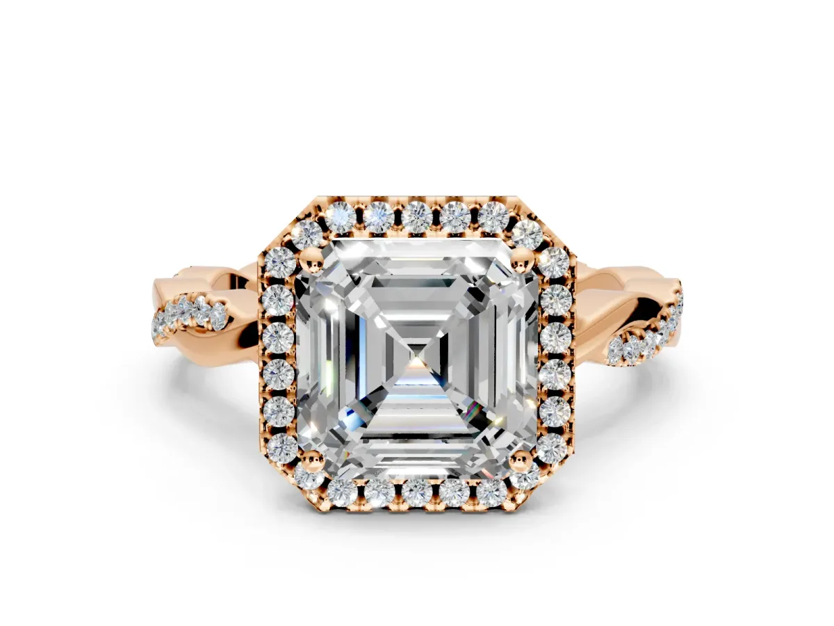 Halo Engagement Ring Setting for Asscher Cut Center with Pave and Plain Twist Band and Prong Head in Rose Gold