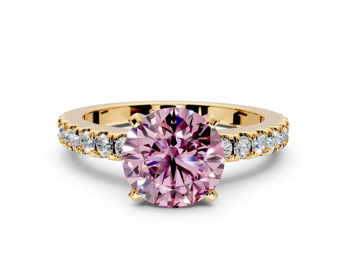 Solitaire Engagement Ring Setting for Fancy Pink Round Cut Center with Single Row Accent Band and Prong Head in Yellow Gold