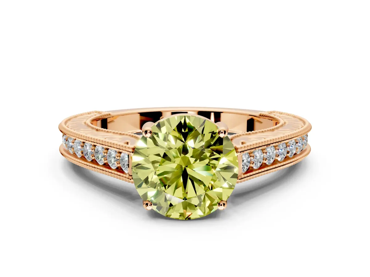 Solitaire Engagement Ring Setting for Fancy Yellow Round Cut Center with Engraved Pave Band and Prong Head in Rose Gold