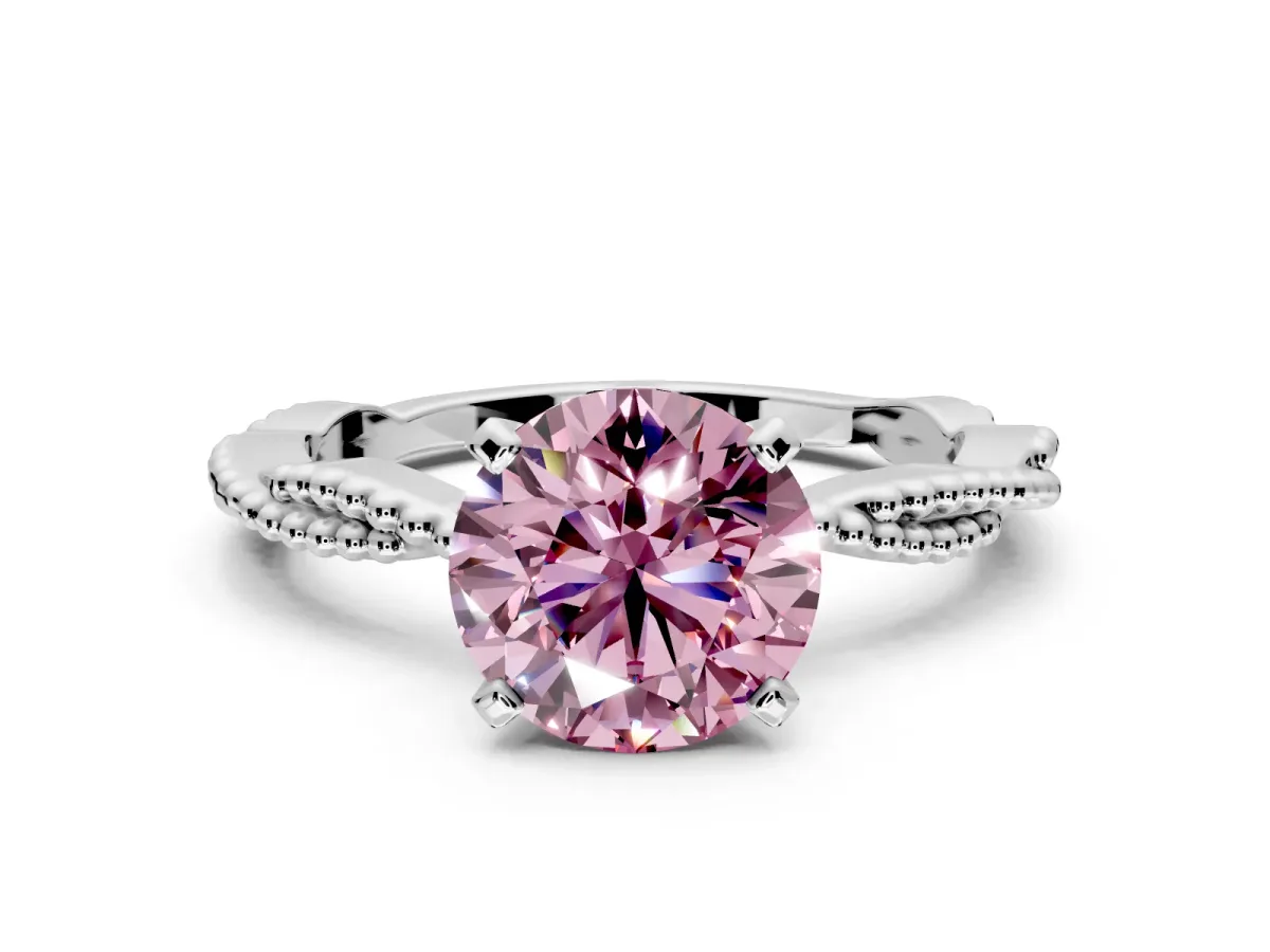 Solitaire Engagement Ring Setting for Fancy Pink Round Cut Center with Twist Band and Bead Prong Head in Sterling Silver