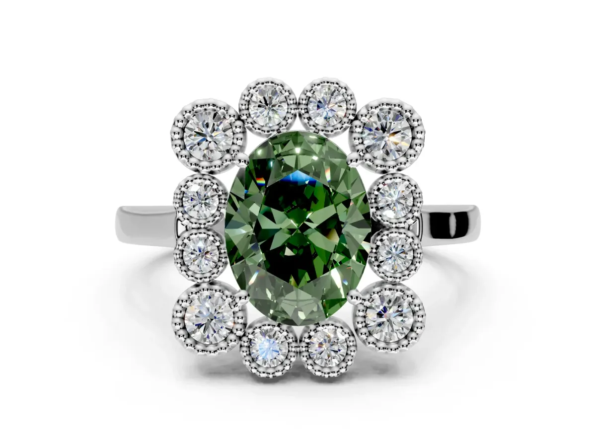 Cluster Halo Engagement Ring Setting for Fancy Green Oval Center with Milgrain Bezel Accents and Prong Head in Platinum