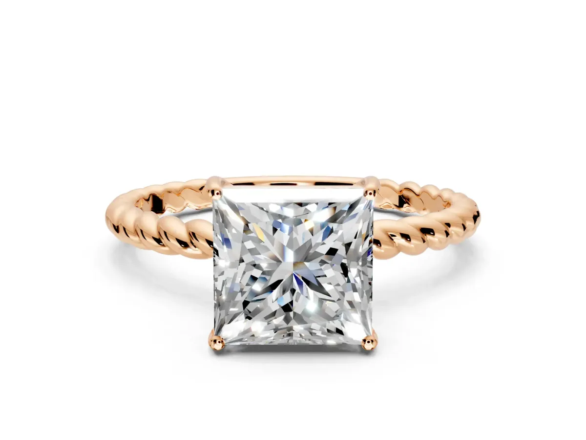 Solitaire Engagement Ring Setting for Princess Cut Center with Plain Twisted Rope Band and Prong Head in Rose Gold
