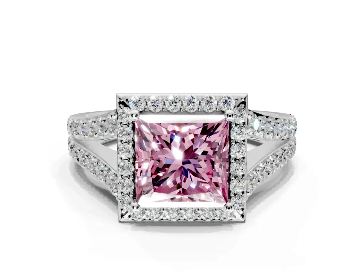 Halo Engagement Ring Setting for Fancy Pink Princess Cut Center with Narrow Pave Split Shank and Prong Head in Platinum