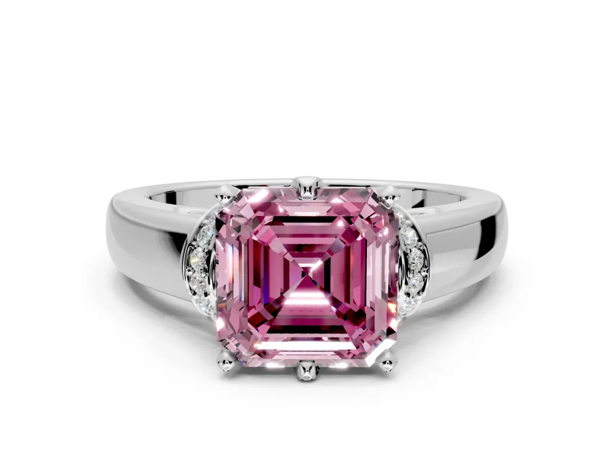 Solitaire Engagement Ring Setting for Fancy Pink Asscher Cut Center with Wide Band, Pave Collar and Prong Head in White Gold