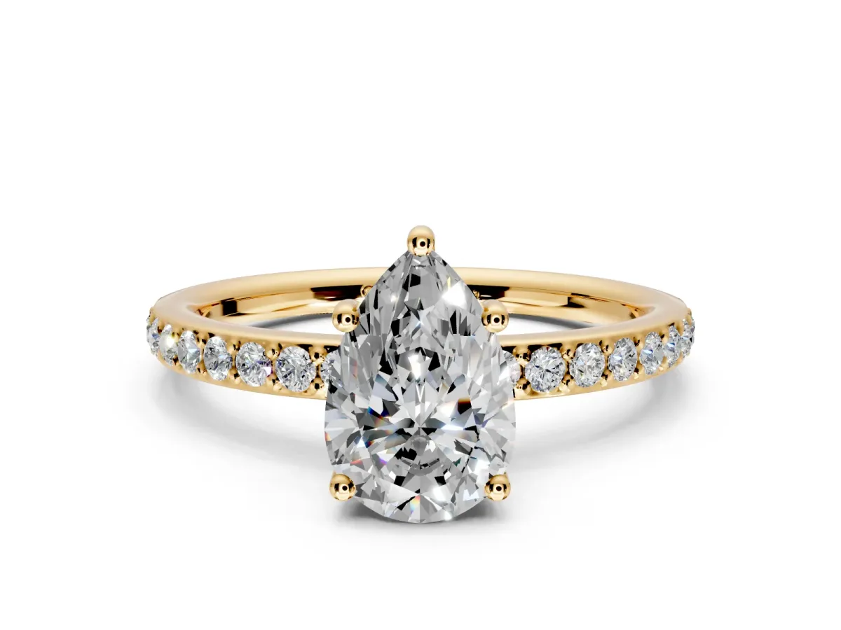 Solitaire Engagement Ring Setting for Pear-Shaped Center with Fine Pave Band and Prong Head in Yellow Gold