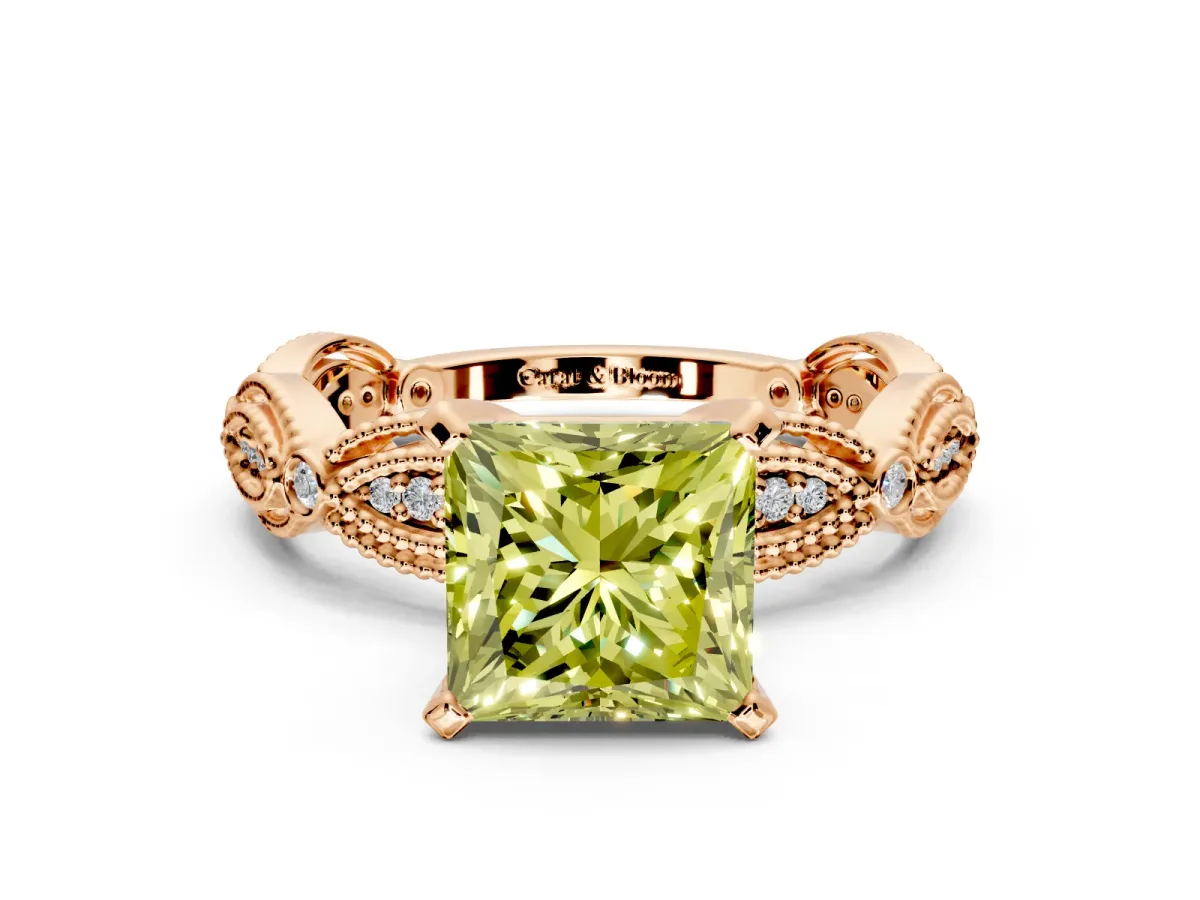 Solitaire Engagement Ring Setting for Fancy Yellow Princess Cut Center with Marquise Panel Band and Prong Head in Rose Gold