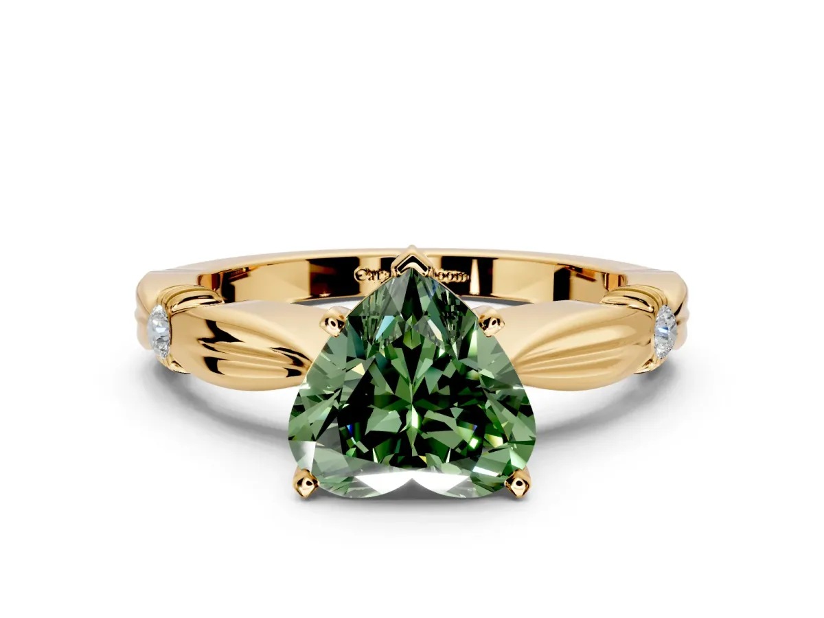 Solitaire Engagement Ring Setting for Fancy Green Heart-Shaped Center with Carved Leaf Shoulders and Prong Head in Yellow Gold