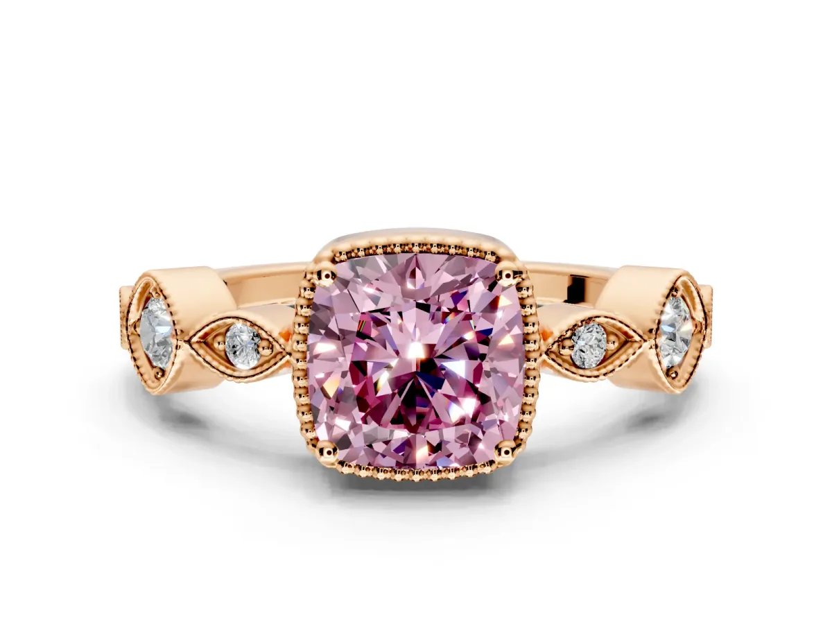 Vintage Station Engagement Ring Setting for Fancy Pink Cushion Cut Center with Accents and Prong Head in Rose Gold