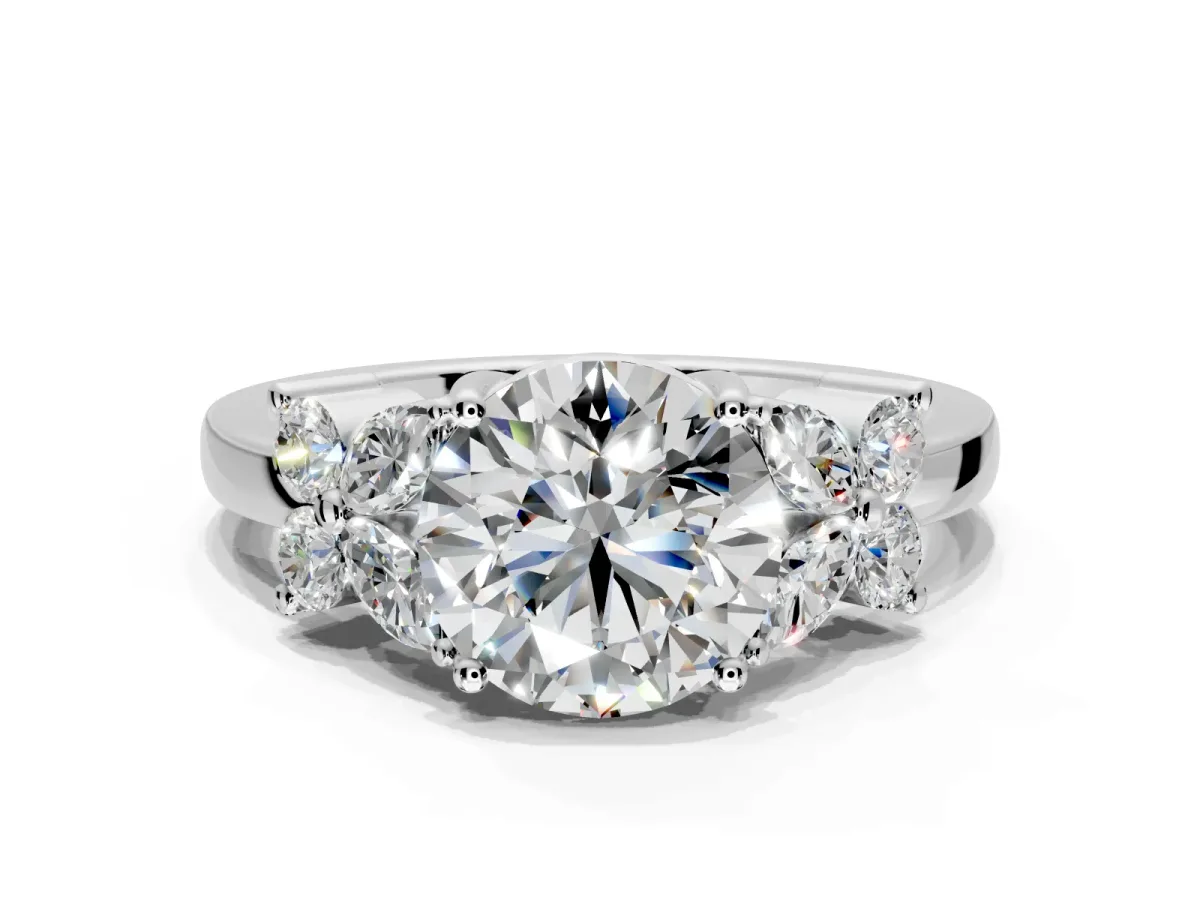 Floral Engagement Ring Setting for Round Cut Center with Marquise Cluster Shoulders and Prong Head in Platinum