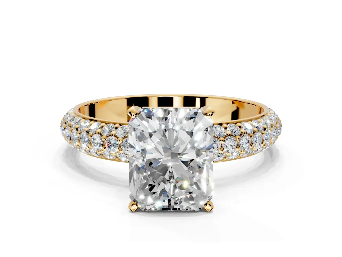 Solitaire Engagement Ring Setting for Radiant Cut Center with Domed Multi-Row Pave Band and Prong Head in Yellow Gold