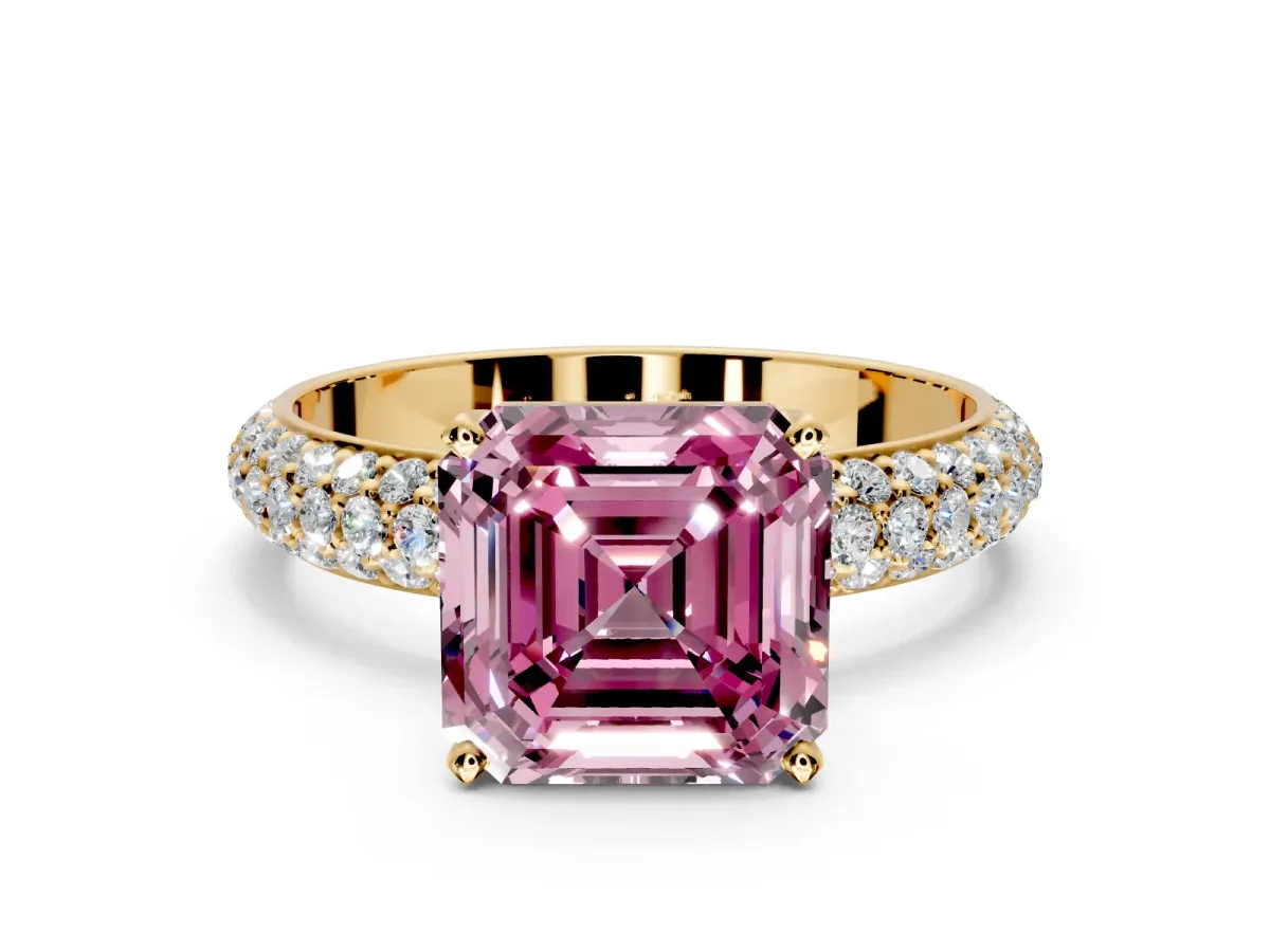 Solitaire Engagement Ring Setting for Fancy Pink Asscher Cut Center with Domed Multi-Row Pave Band and Prong Head in Yellow Gold