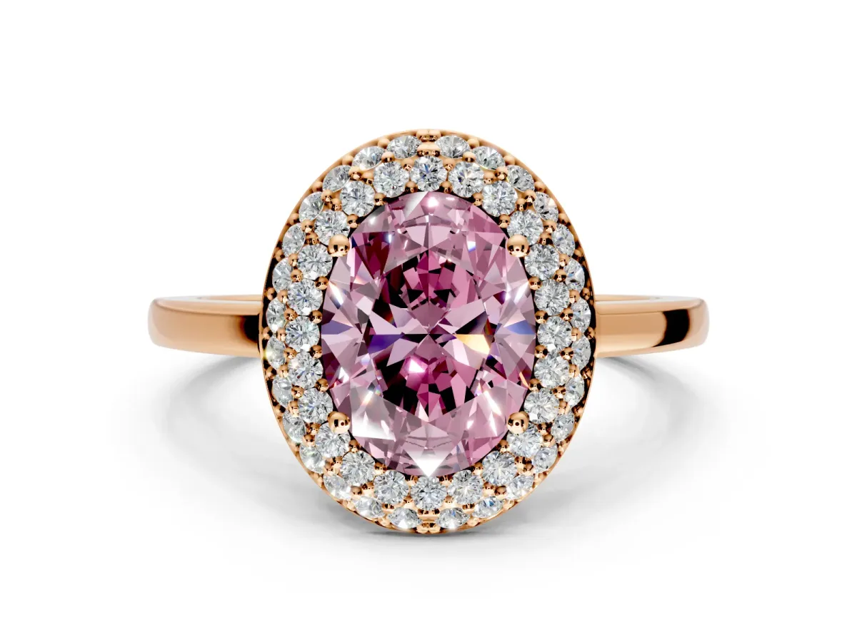 Halo Engagement Ring Setting for Fancy Pink Oval Center with Plain Tapered Band and Prong Head in Rose Gold