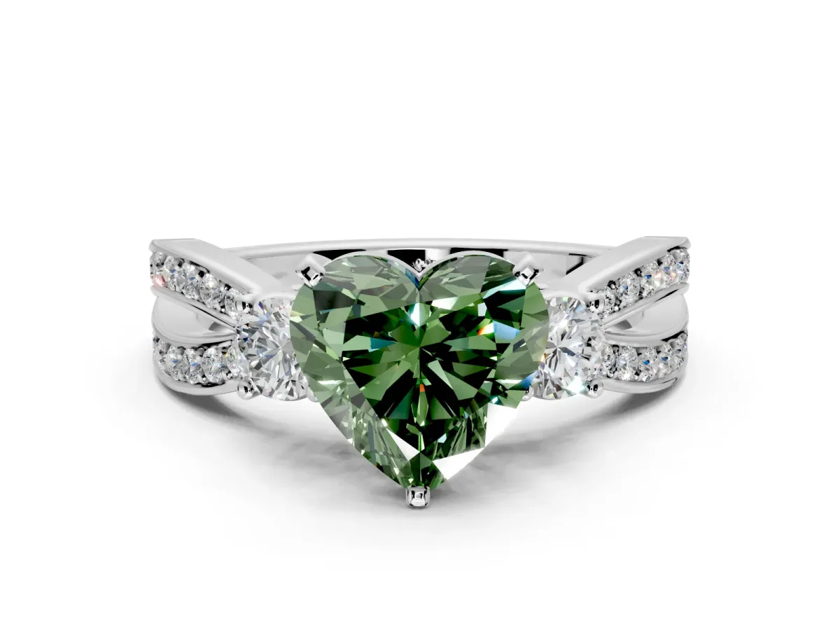 3 Stone Engagement Ring Setting for Fancy Green Heart-Shaped Center with Pave Twist Band and Prong Head in White Gold
