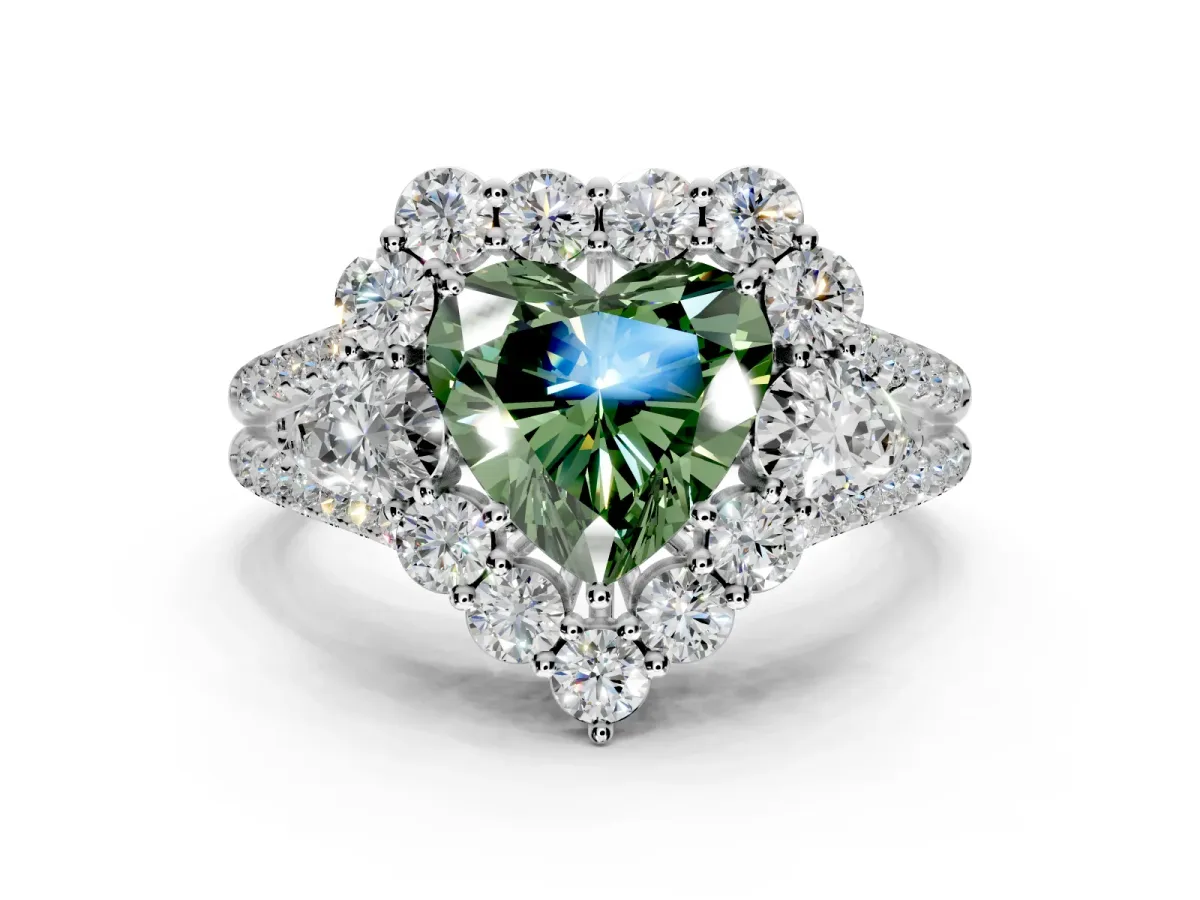 Halo Engagement Ring Setting for Fancy Green Heart-Shaped Center with Two-Strand Split Shank and Prong Head in Platinum