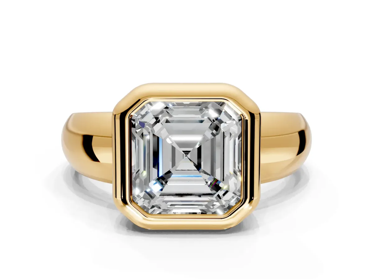 Solitaire Engagement Ring Setting for Asscher Cut Center with Wide Band and Bezel Head in Yellow Gold