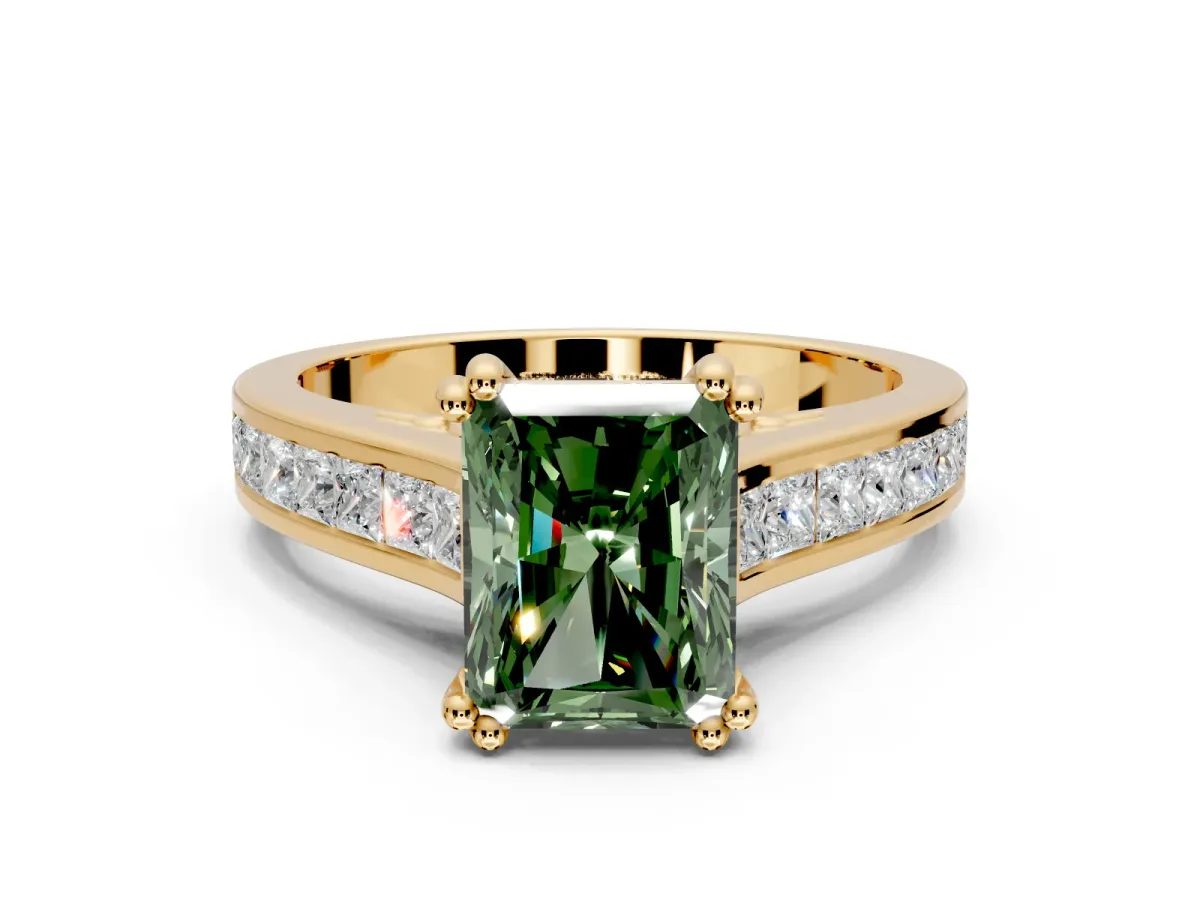 Solitaire Engagement Ring Setting for Fancy Green Radiant Cut Center with Channel Band and Double Claw Prong Head in Yellow Gold