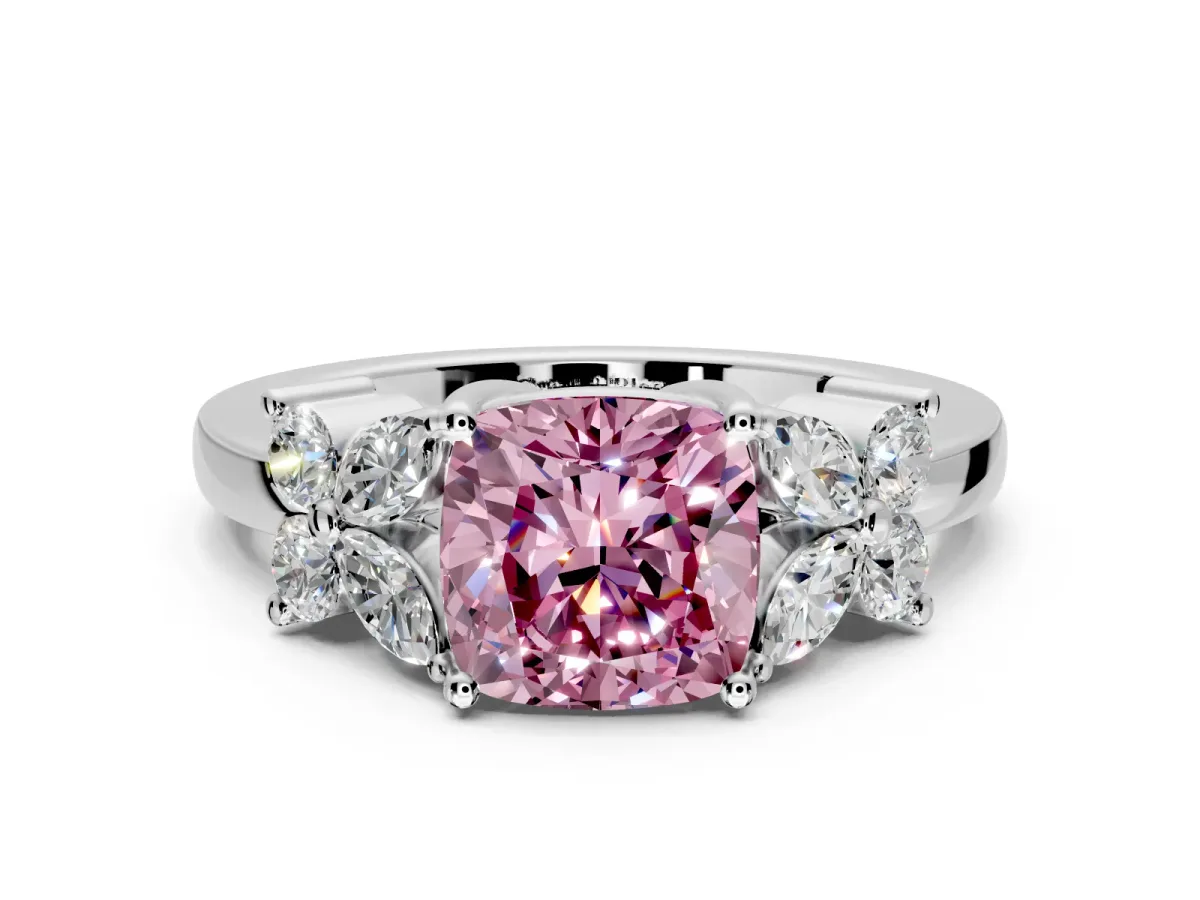 Floral Engagement Ring Setting for Fancy Pink Cushion Cut Center with Marquise Cluster Shoulders and Prong Head in White Gold