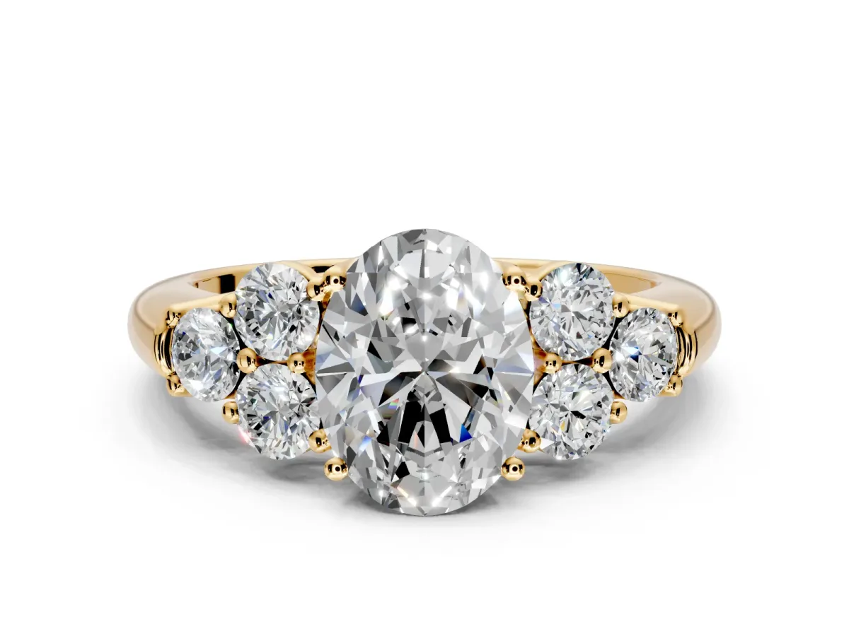 Cluster Engagement Ring Setting for Oval Center with Round Cut Accent Frame and Prong Head in Yellow Gold