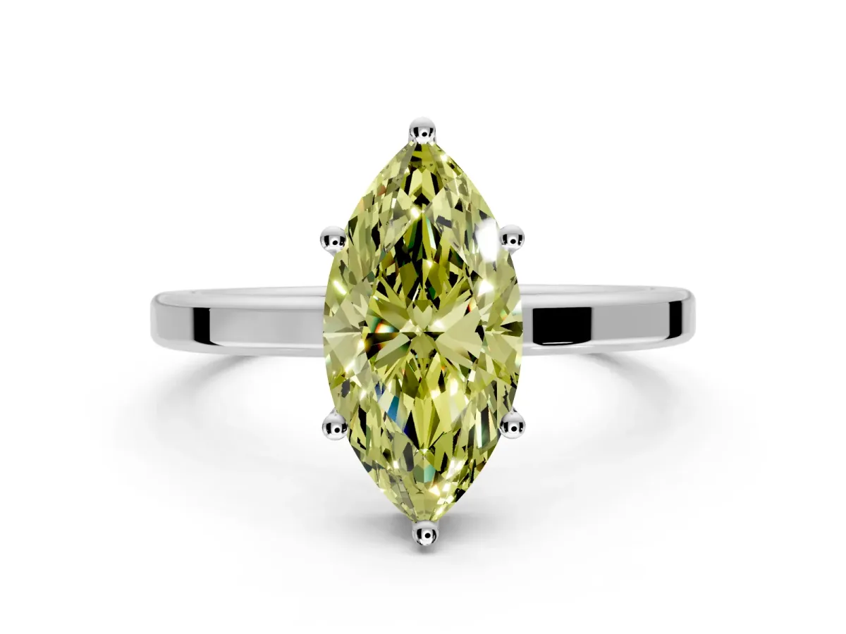 Hidden Halo Engagement Ring Setting for Fancy Yellow Marquise Center with Wide Flat Plain Band and Prong Head in Sterling Silver
