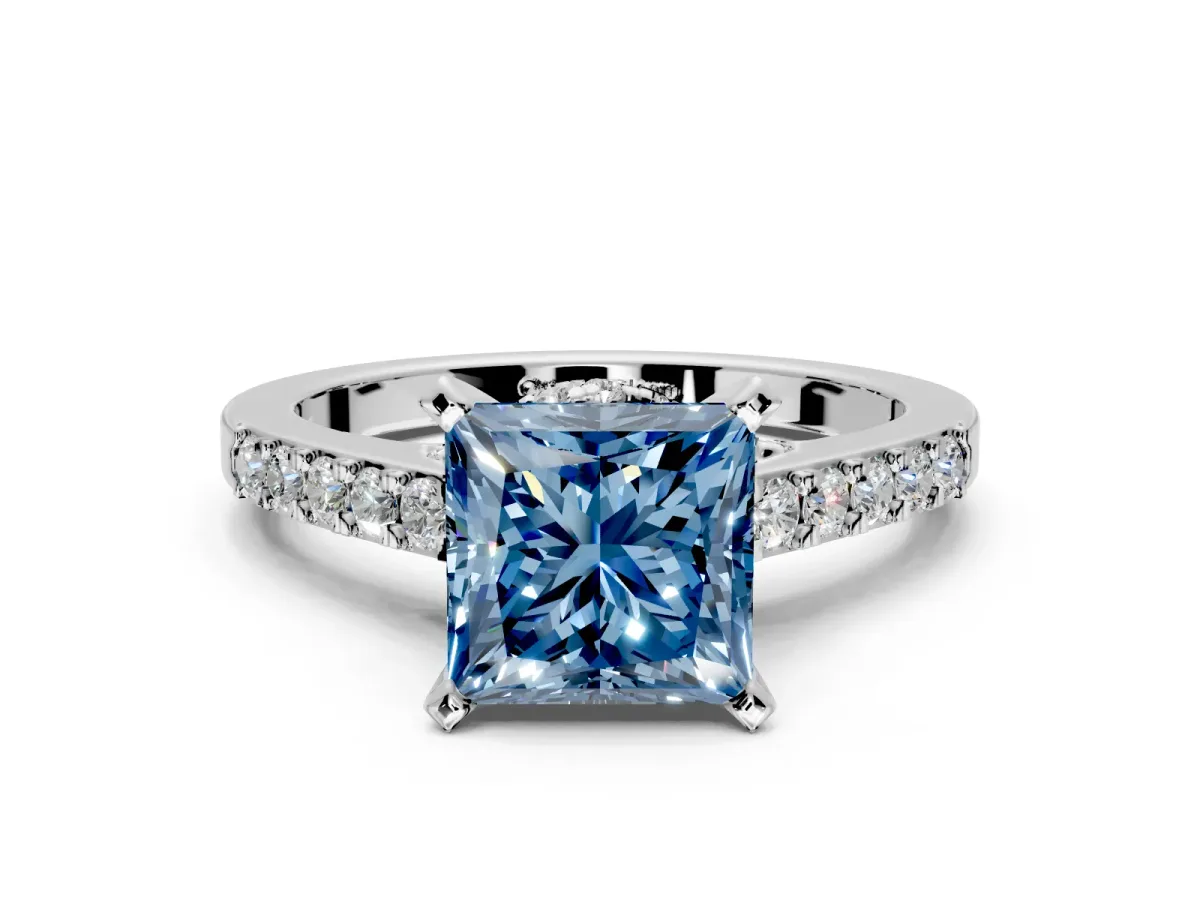 Solitaire Engagement Ring Setting for Fancy Blue Princess Cut Center with Crossover Accents and Prong Head in Platinum