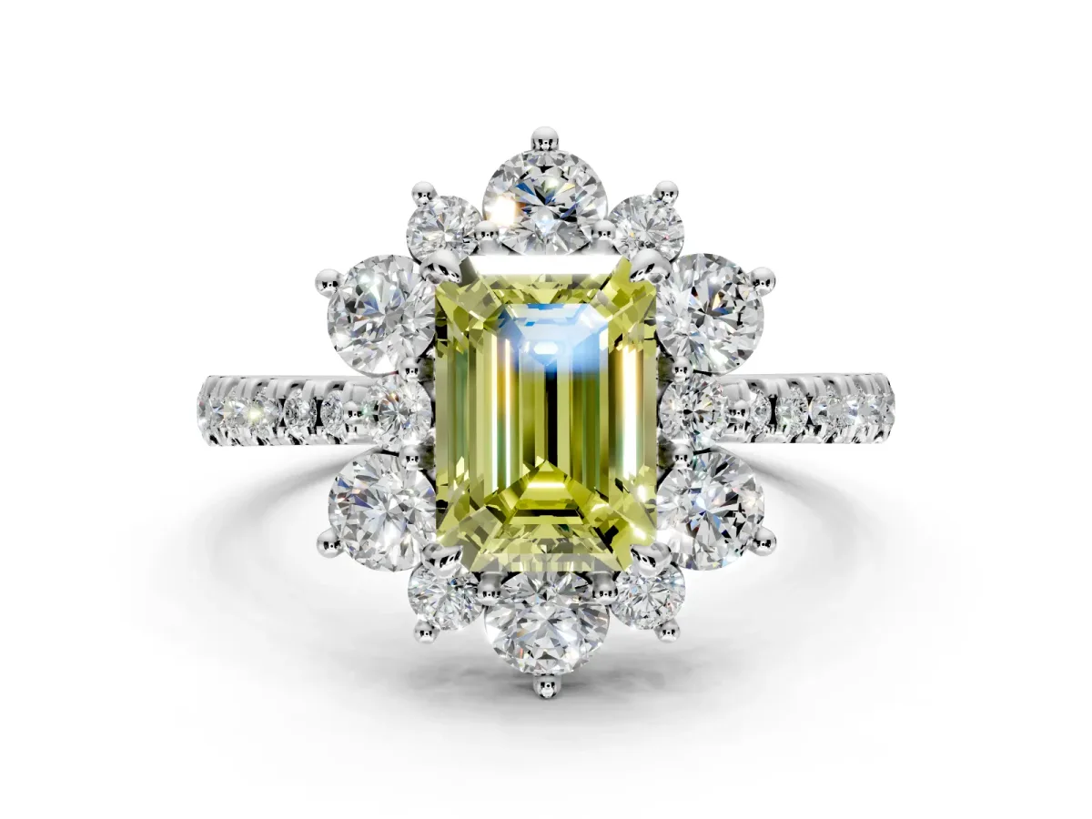 Floral Halo Engagement Ring Setting for Fancy Yellow Emerald Cut Center with Pave Accents and Prong Head in Sterling Silver