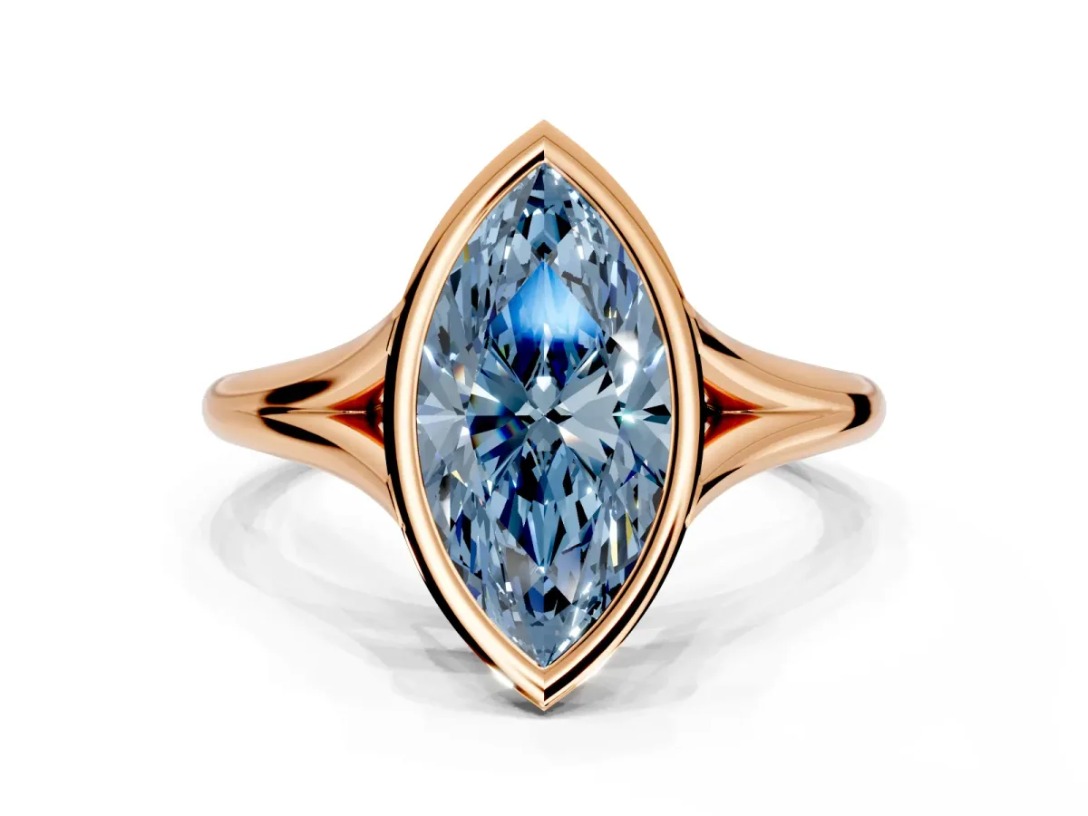Solitaire Engagement Ring Setting for Fancy Blue Marquise Center with V Split Shank and Bezel Head in Rose Gold