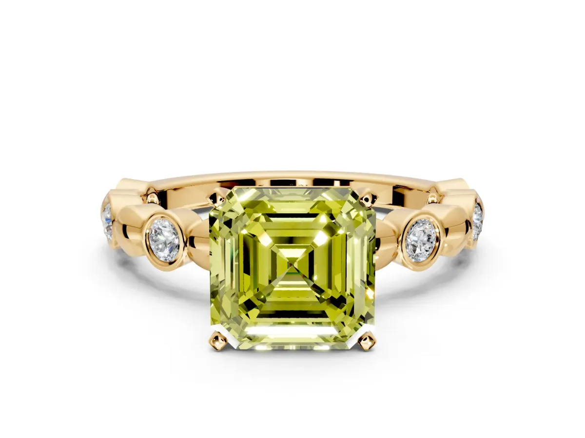 Solitaire Engagement Ring Setting for Fancy Yellow Asscher Cut Center with Beaded Bezel Station Band and Prong Head in Yellow Gold