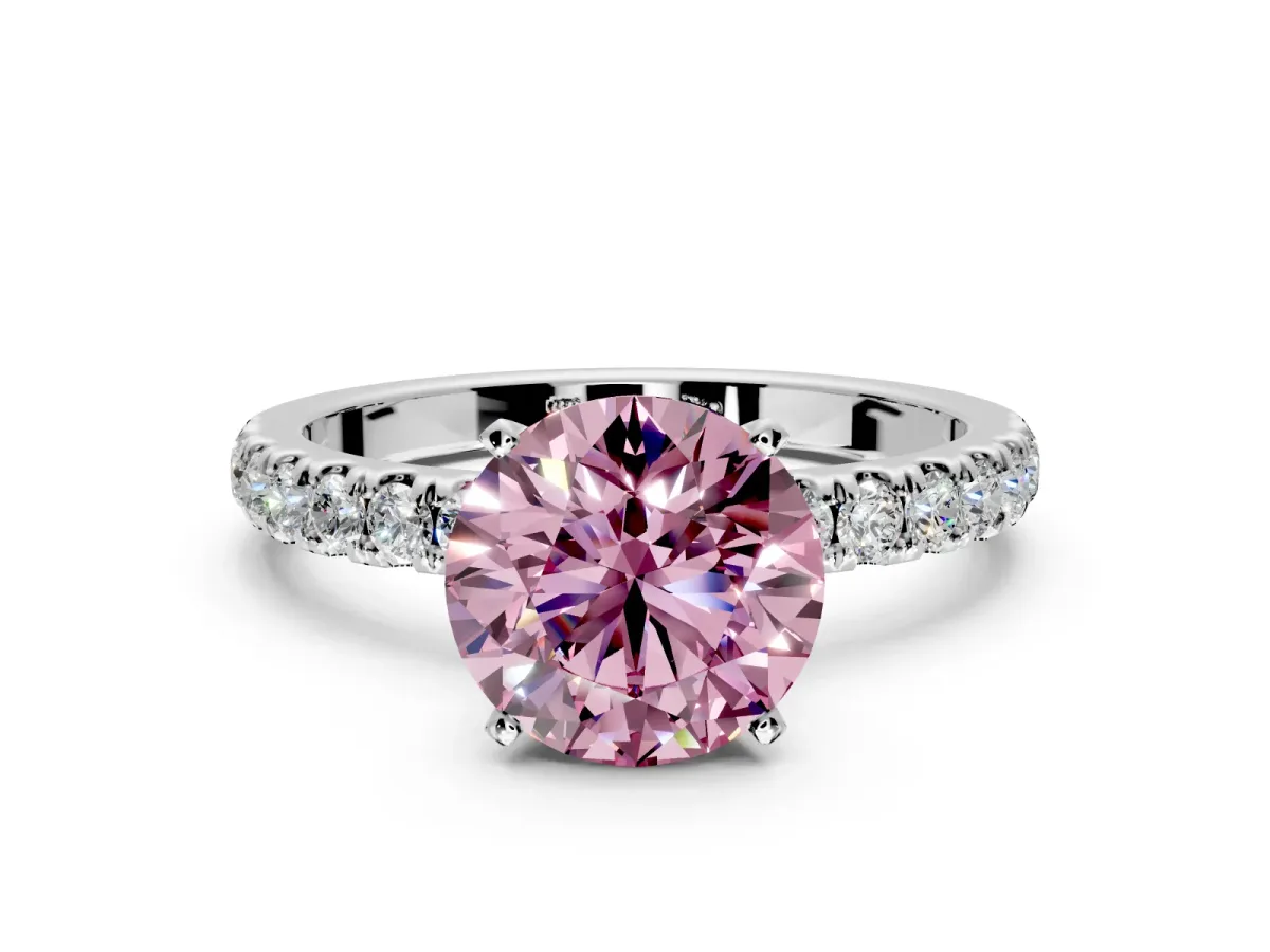 Open Basket Engagement Ring Setting for Fancy Pink Round Cut Center with Pave Band and Prong Head in Platinum