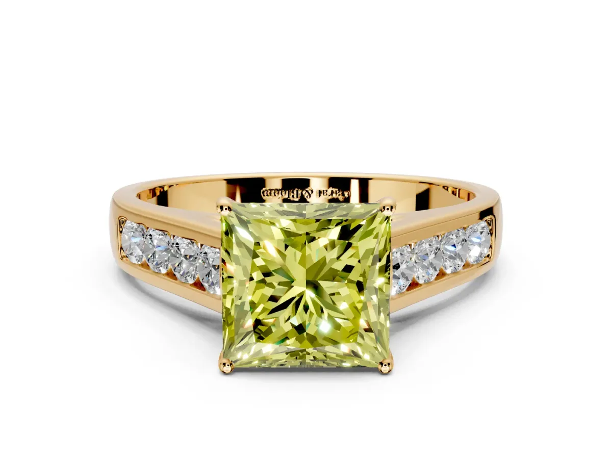 Solitaire Engagement Ring Setting for Fancy Yellow Princess Cut Center with Cathedral Channel Band and Prong Head in Yellow Gold