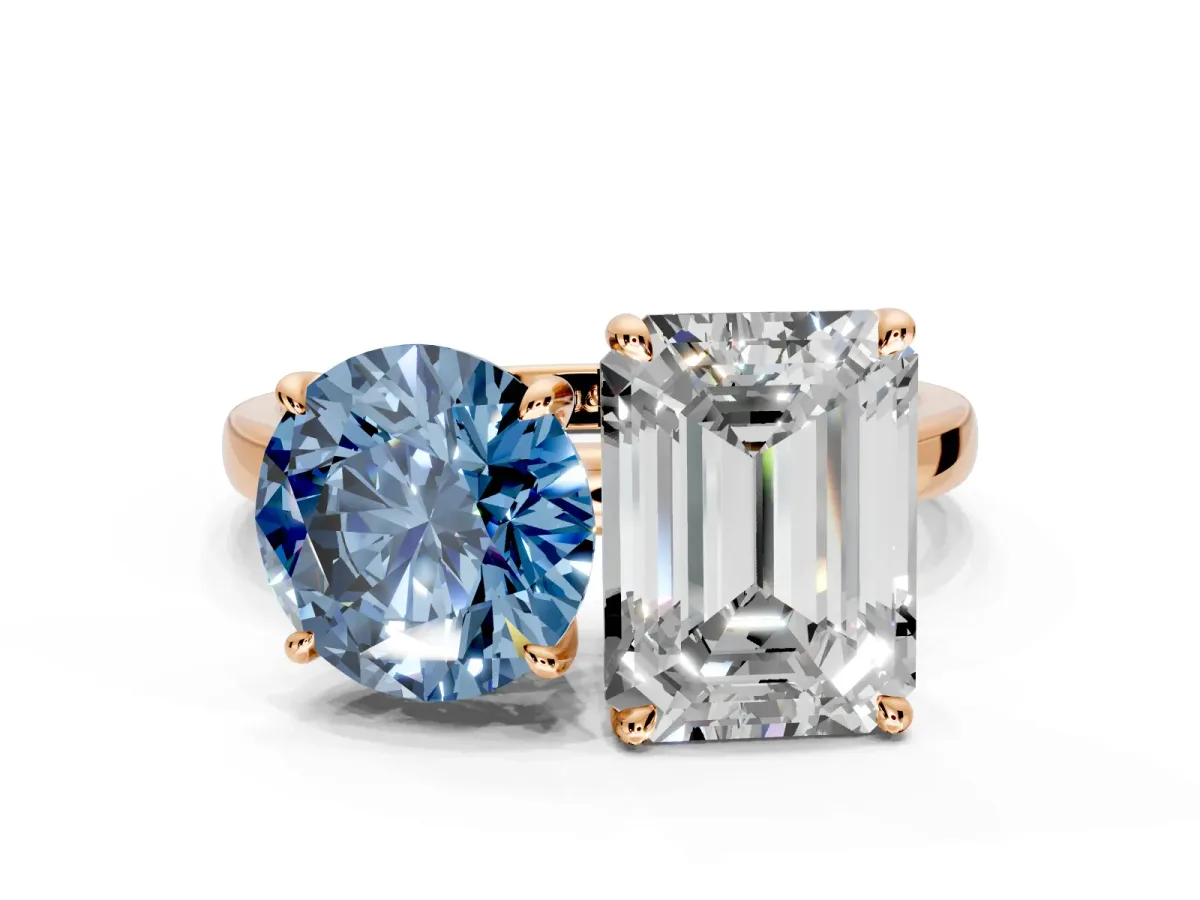 Fancy Blue Round Cut and Emerald Cut Lab-Grown Diamond Toi et Moi Engagement Ring with Prong-Set Stones in Rose Gold