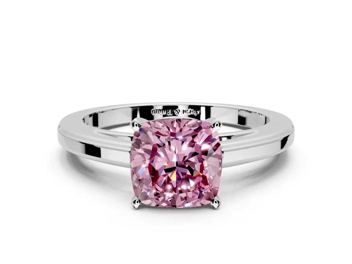 Solitaire Engagement Ring Setting for Fancy Pink Cushion Cut Center with Flat-Sided Plain Band and Prong Head in Sterling Silver
