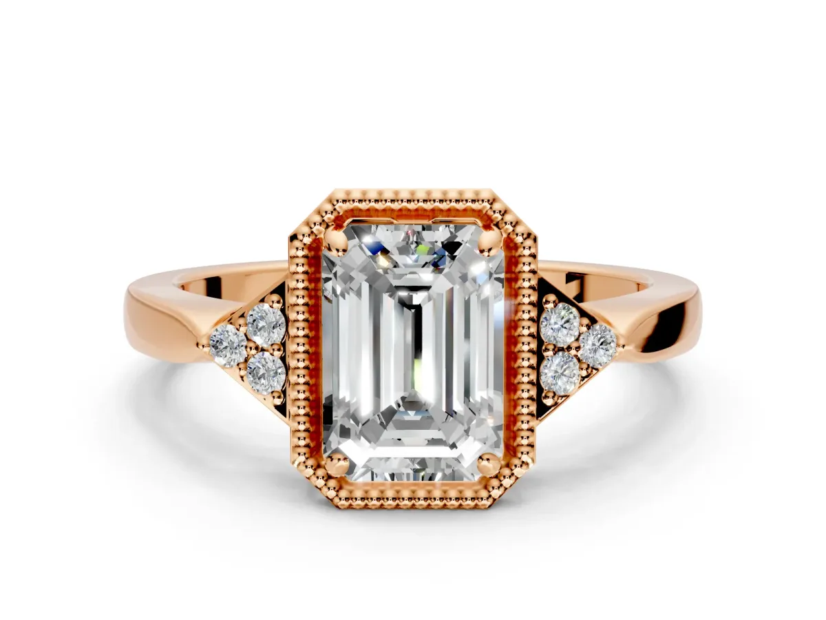 Cluster Engagement Ring Setting for Emerald Cut Center with Milgrain Shoulder Clusters and Prong Head in Rose Gold