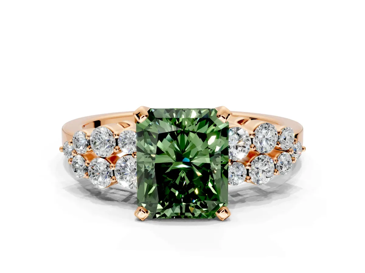 Cluster Engagement Ring Setting for Fancy Green Radiant Cut Center with 2-Row Shoulder Clusters and Prong Head in Rose Gold